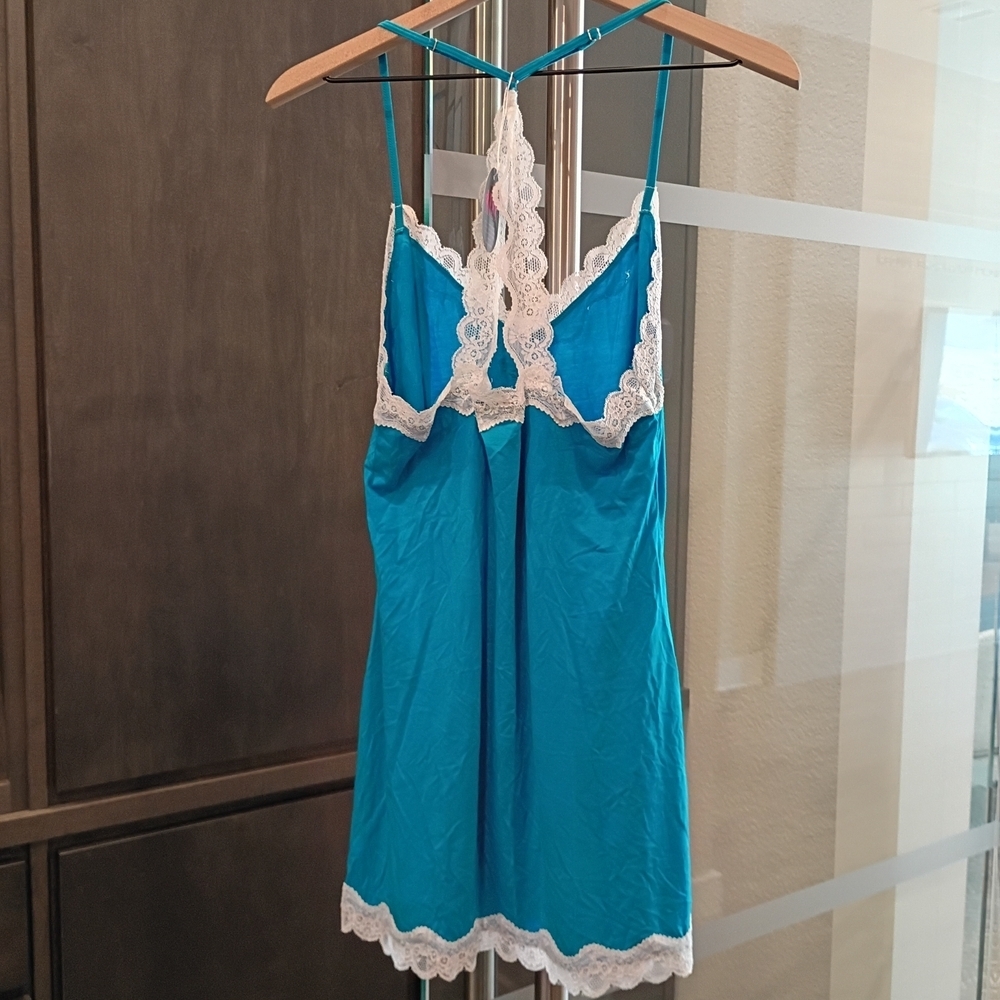 NWT Avid Love Aqua Blue Women's Med Lace-Trim Chemise Slip with Delicate  Lace
